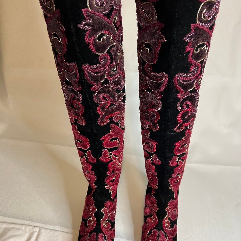 Alberta Ferretti Runway Embroidered Beaded Red Velvet Boots